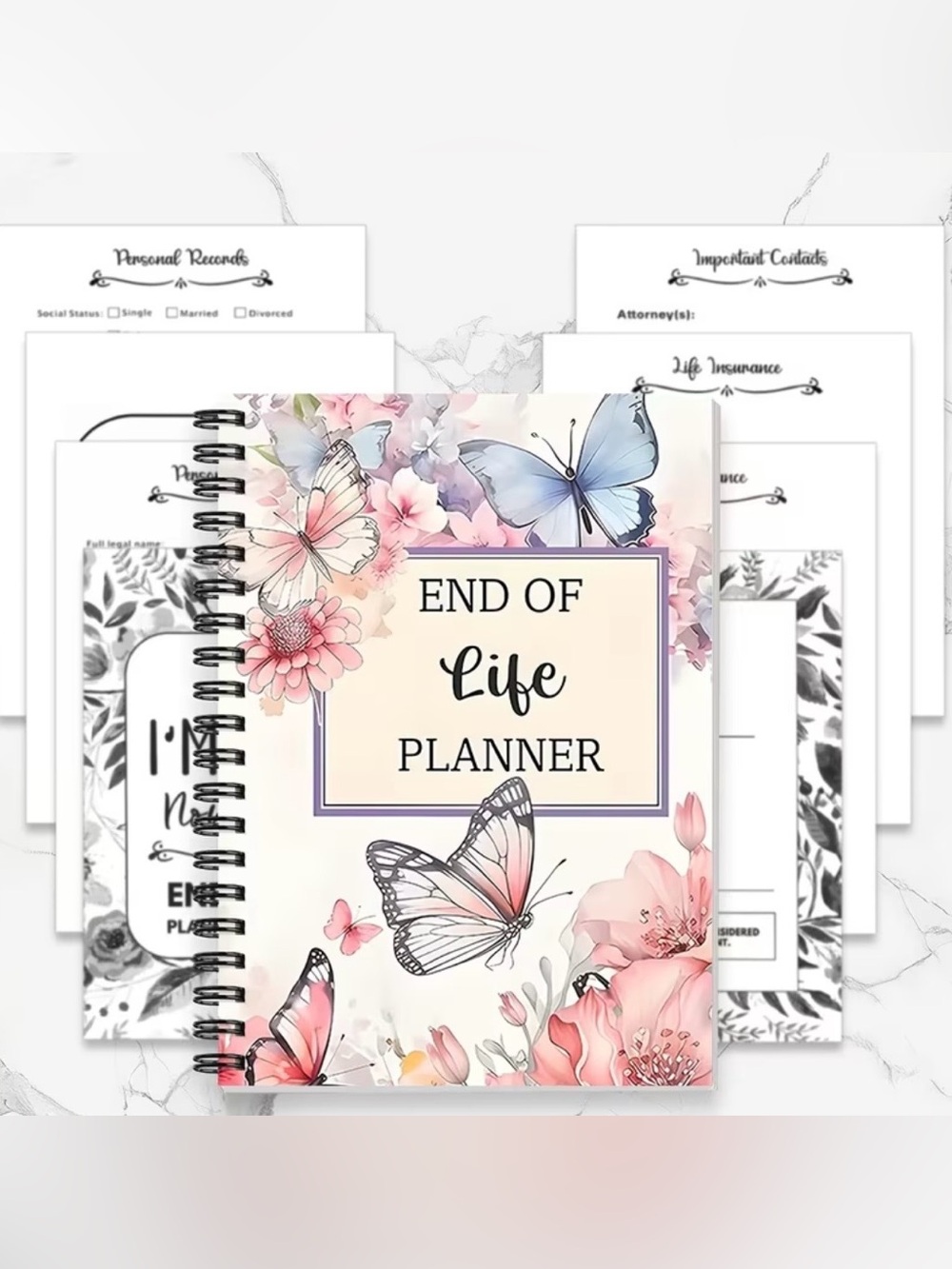End of Life Planner Spiral Notebook - Pink Floral & Blue Butterfly NEW